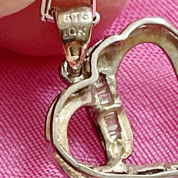 10K White Gold Heart Pendant Baguette & Round Accents 14K White Gold Chain 16” - Picture 7 of 16